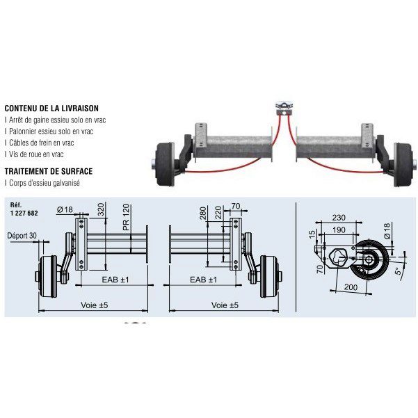 Demi essieu freiné 1800kg 5x112mm à boulonne