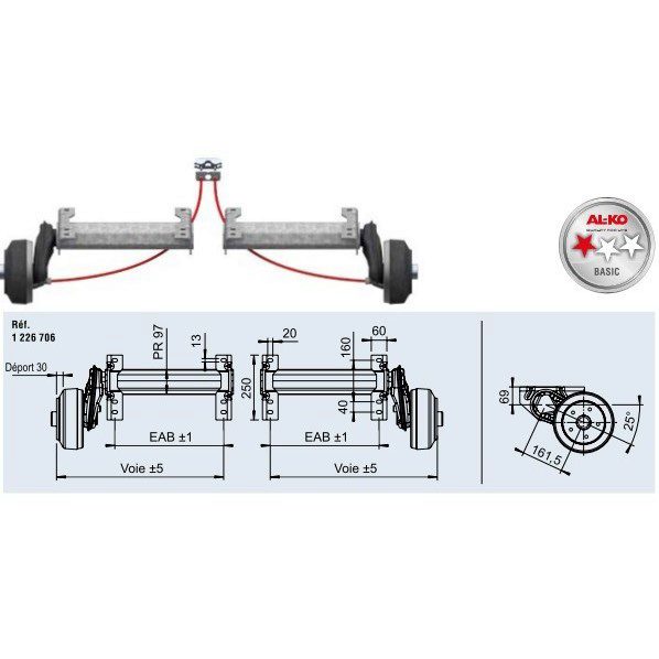 Demi essieu freiné 1500kg 5x112mm à boulonne