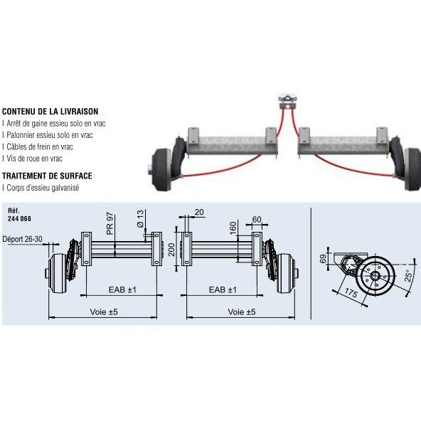 Demi essieu freiné 1300kg 5x112mm à boulonner